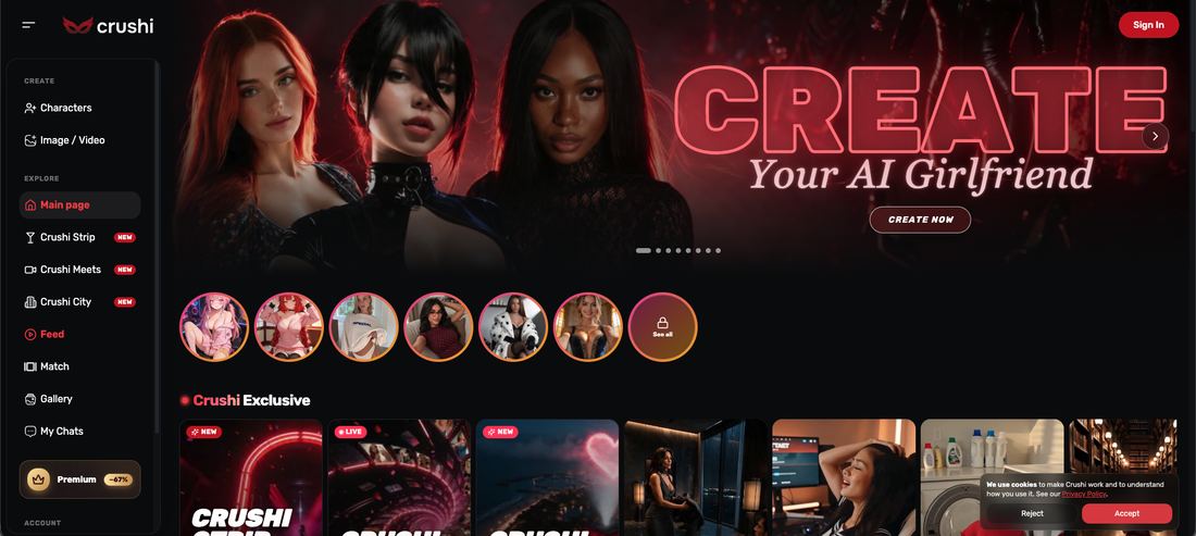 Crushi AI signed-out homepage with a create-your-AI-girlfriend banner, a stories rail and a left sidebar