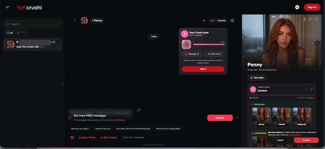 Guest chat with Penny showing a trust level explainer, a five message trial notice and suggested opening messages, with the guest username blacked out