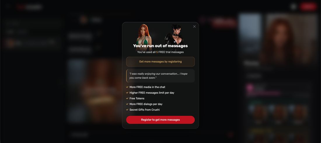 Modal reading you have run out of messages after five free trial messages, listing the benefits of registering
